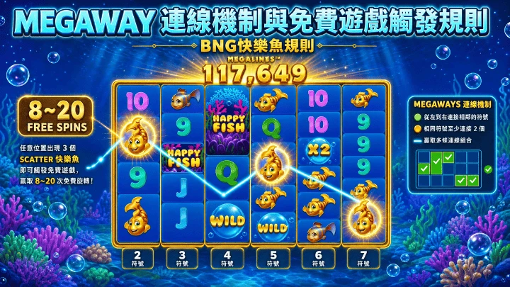 MEGAWAY 連線機制與免費遊戲觸發規則|BNG快樂魚規則完整拆解