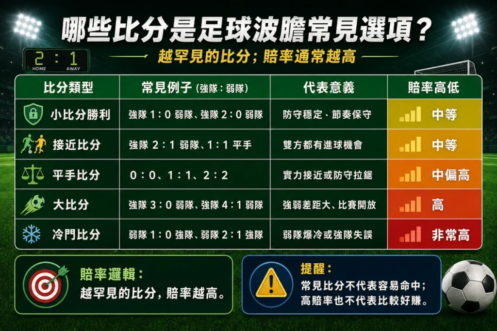 波膽常見比分圖
足球波膽常見比分說明，整理小比分、接近比分、平手、大比分與冷門比分。