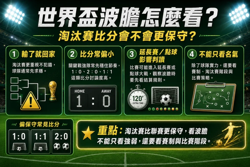 世界盃波膽分析說明，介紹淘汰賽比分偏小、延長賽點球與賽制判讀重點。