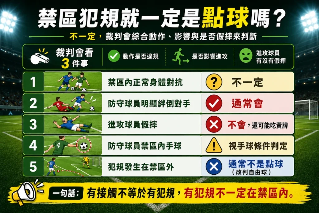 禁區犯規點球判定說明，介紹犯規接觸、假摔、手球與禁區外犯規差異。