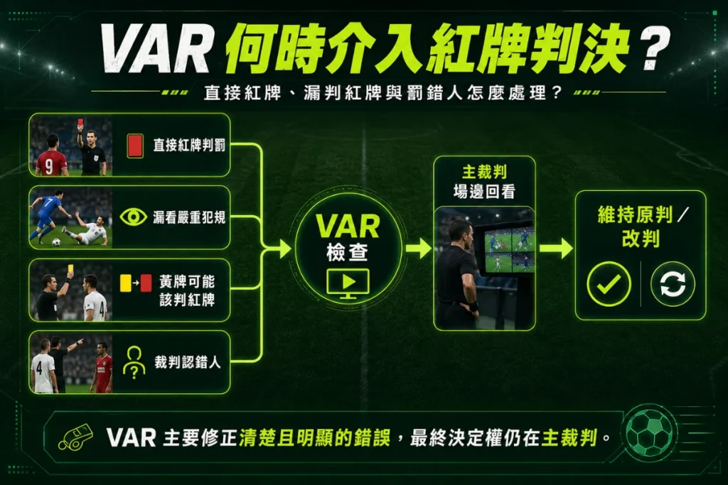 VAR 介入紅牌判決說明，介紹直接紅牌、漏判紅牌、兩黃變一紅與裁判認錯人的處理方式