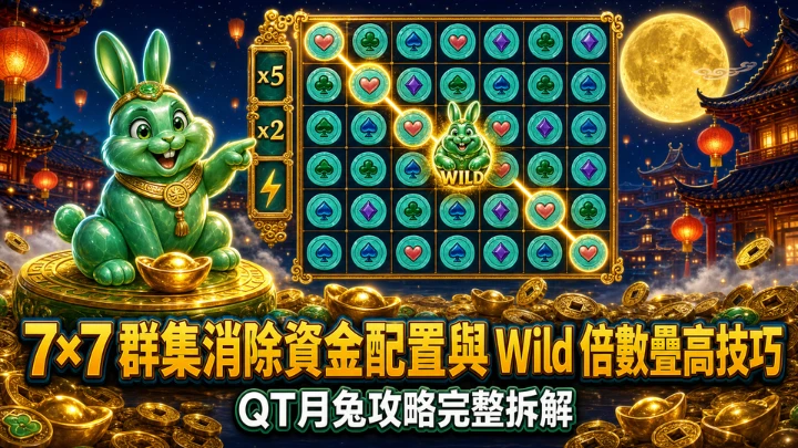 7×7 群集消除資金配置與 Wild 倍數疊高技巧|QT月兔攻略完整拆解